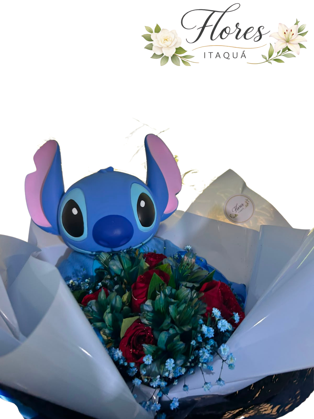 Comprar Buquê de Rosas com Stitch de Pelucia na Itaqua Flores