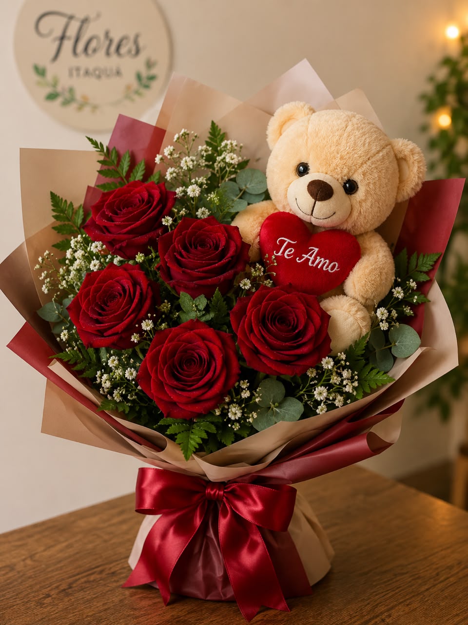 Comprar Buquê com 5 Rosas e Urso de Pelúcia na Itaqua Flores
